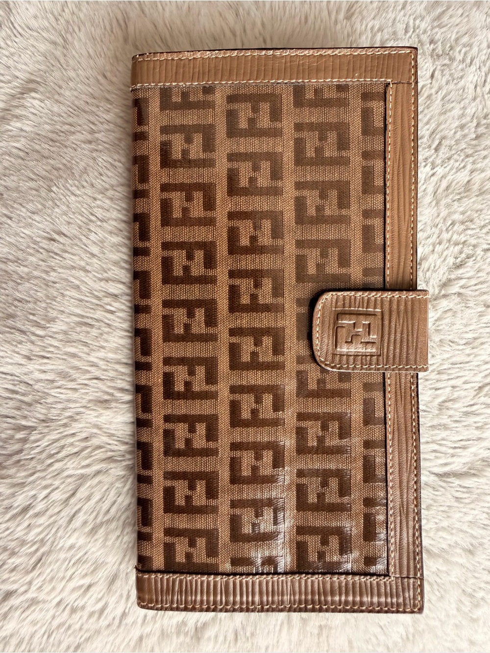 Authentic Fendi Brown Monogram Continental Wallet with FF Snap